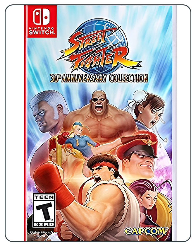 Street Fighter 30th Anniversary Switch cover with iconic fighters like Ryu, Chun-Li, and Ken from classic arcade titles.