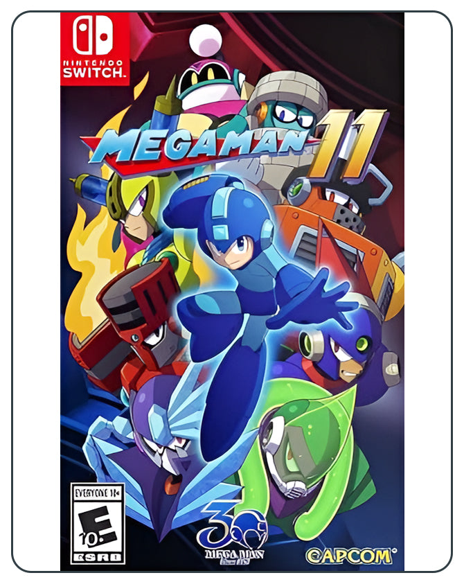 Mega Man 11 Nintendo Switch cover featuring classic side-scrolling action with vibrant art of iconic blue hero