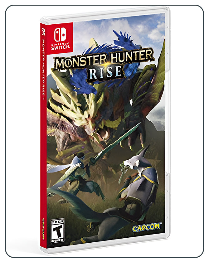 Monster Hunter Rise Nintendo Switch cover featuring epic monster battles, vibrant environments, and action RPG gameplay