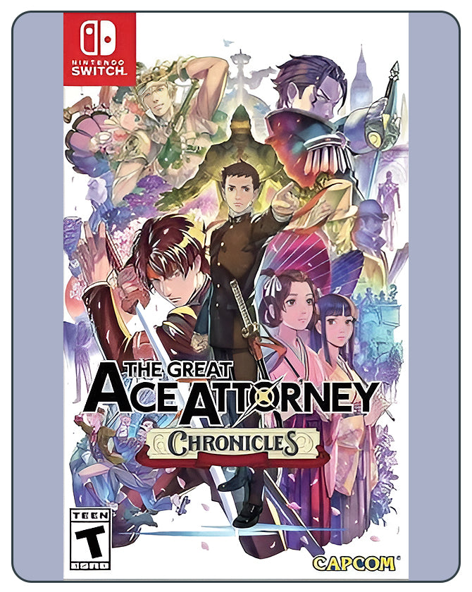 The Great Ace Attorney Chronicles Switch cover with anime-style courtroom characters solving mysteries in a historical setting.