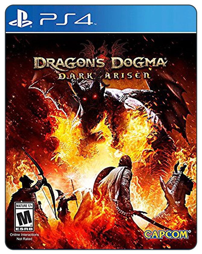 Dragon's Dogma: Dark Arisen PS4 game cover featuring epic fantasy action RPG with powerful monsters and heroic combat