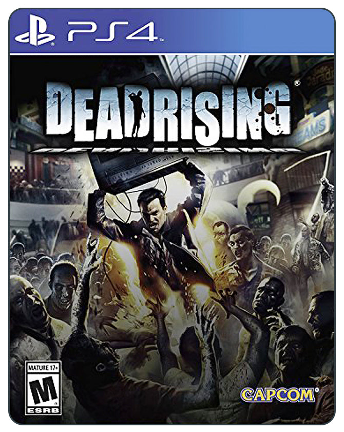 PS4 Dead Rising cover with protagonist using camera, surrounded by zombies in a chaotic mall setting.