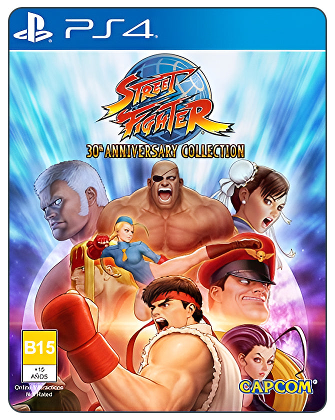 Street Fighter 30th Anniversary PS4 cover with classic fighters and retro arcade-style celebration artwork.