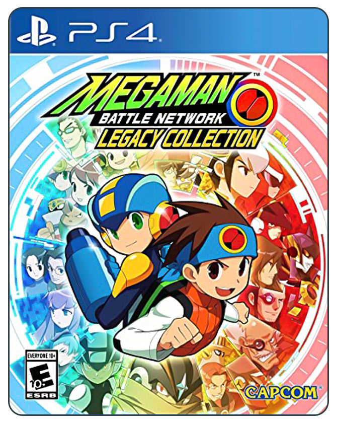Mega Man Battle Network Legacy Collection PS4 cover showing classic pixel-art heroes in action-packed cyber adventures.