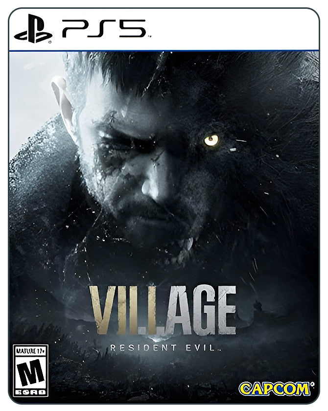 Resident Evil: Village PS5 game cover featuring horror survival atmosphere with haunting characters and gothic setting