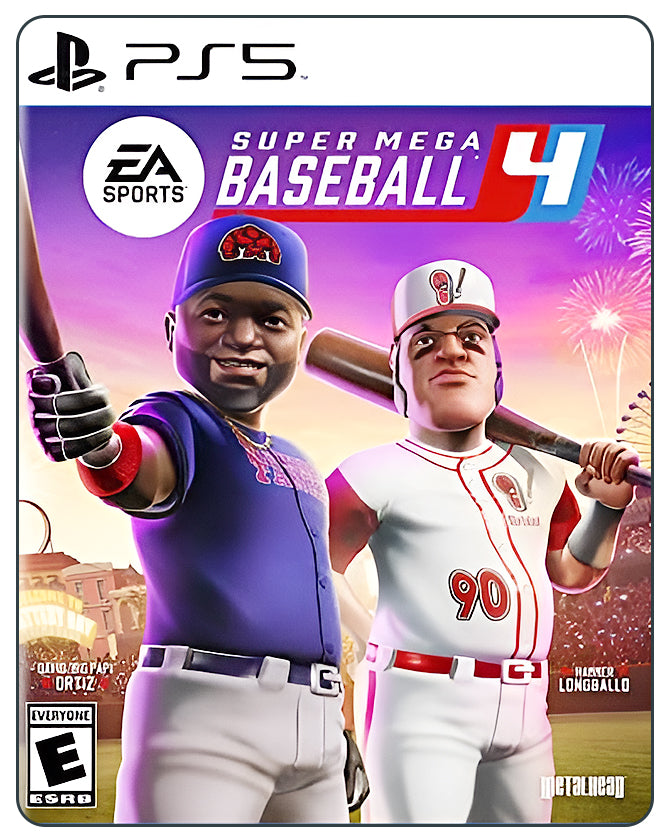 Super Mega Baseball 4 PS5 cover featuring cartoon-style baseball players in dynamic action-packed gameplay.