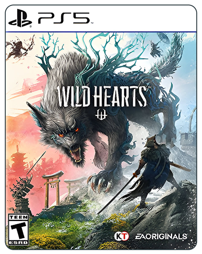 WILD HEARTS PS5 game cover showing a hunter battling giant mystical beasts in a lush, mythical Japanese-inspired world.