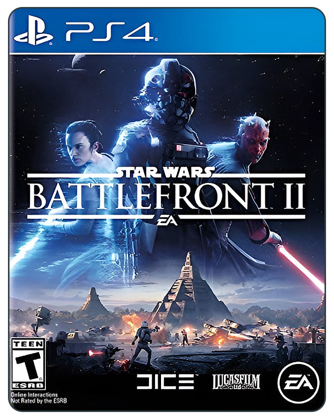Star Wars Battlefront II PS4 cover with iconic characters and starfighters in space combat and epic multiplayer battles.