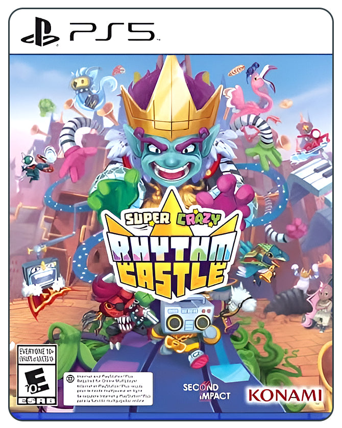 Super Crazy Rhythm Castle PS5 cover showing wacky characters and vibrant musical chaos in a quirky rhythm adventure.
