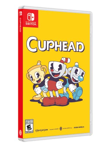 Cuphead Switch cover showing retro cartoon-style Cuphead and Mugman ready for boss battles in a hand-drawn universe.
