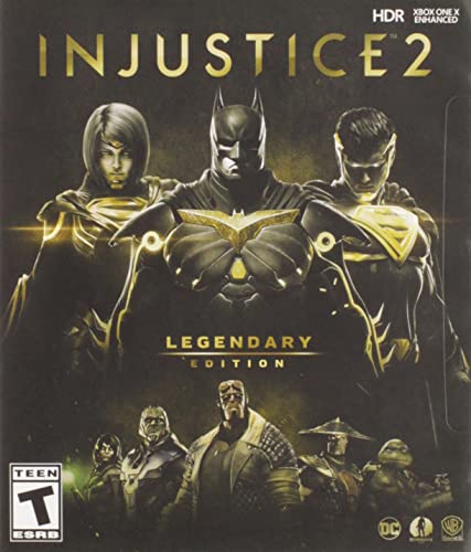Injustice 2 Legendary Edition Xbox cover with Batman, Superman, and other DC heroes in intense battle pose.