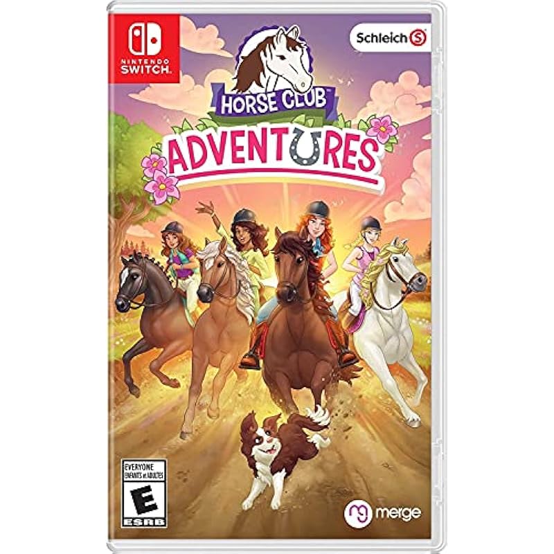 Horse Club Adventures Nintendo Switch cover featuring girls riding horses in scenic countryside and stable environments.