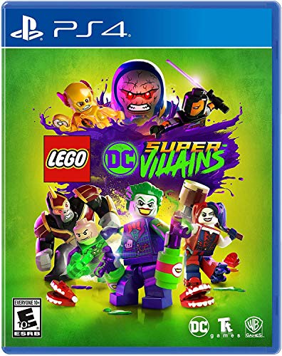 LEGO DC Super-Villains PS4 game cover featuring Joker, Harley Quinn, and other villains in a colorful LEGO universe