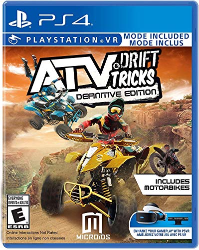 PS4 ATV Drift & Tricks cover showing an ATV rider mid-jump, performing stunts against a dirt racing backdrop.