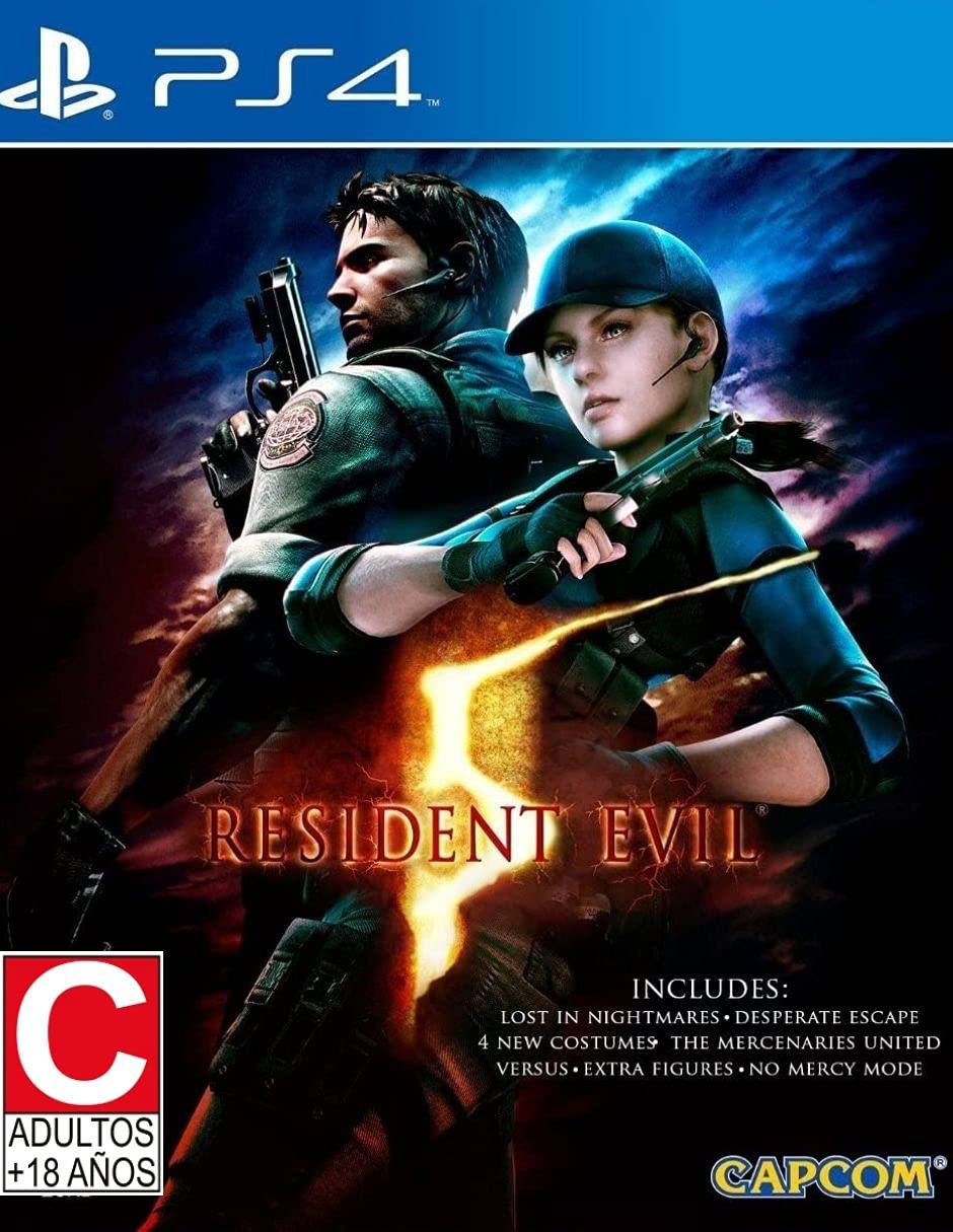 Resident Evil 5 HD PS4 cover with Chris and Sheva aiming weapons, set in a dark, action-packed zombie survival environment.