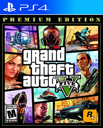 GTA V Premium Online Edition PS4 cover with action scenes and characters highlighting open-world gameplay and online access.