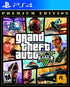 GTA V Premium Online Edition PS4 cover with action scenes and characters highlighting open-world gameplay and online access.