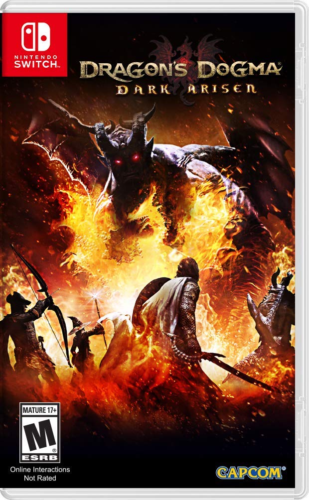 Dragon’s Dogma: Dark Arisen Switch cover showing a hero battling a fiery dragon in a dark, medieval fantasy action RPG world.