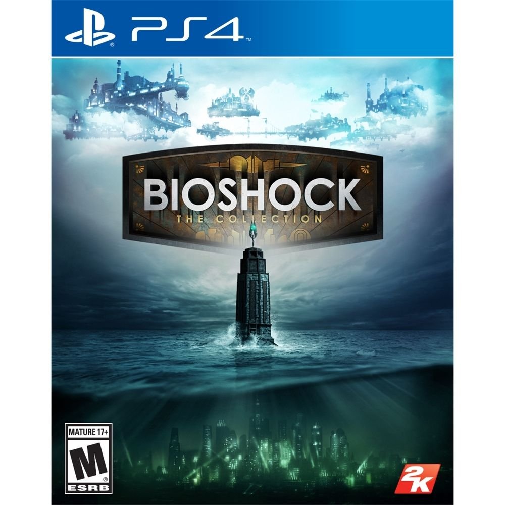 Bioshock: The Collection PS4 cover featuring dystopian cityscapes from Rapture and Columbia with underwater and sky themes.