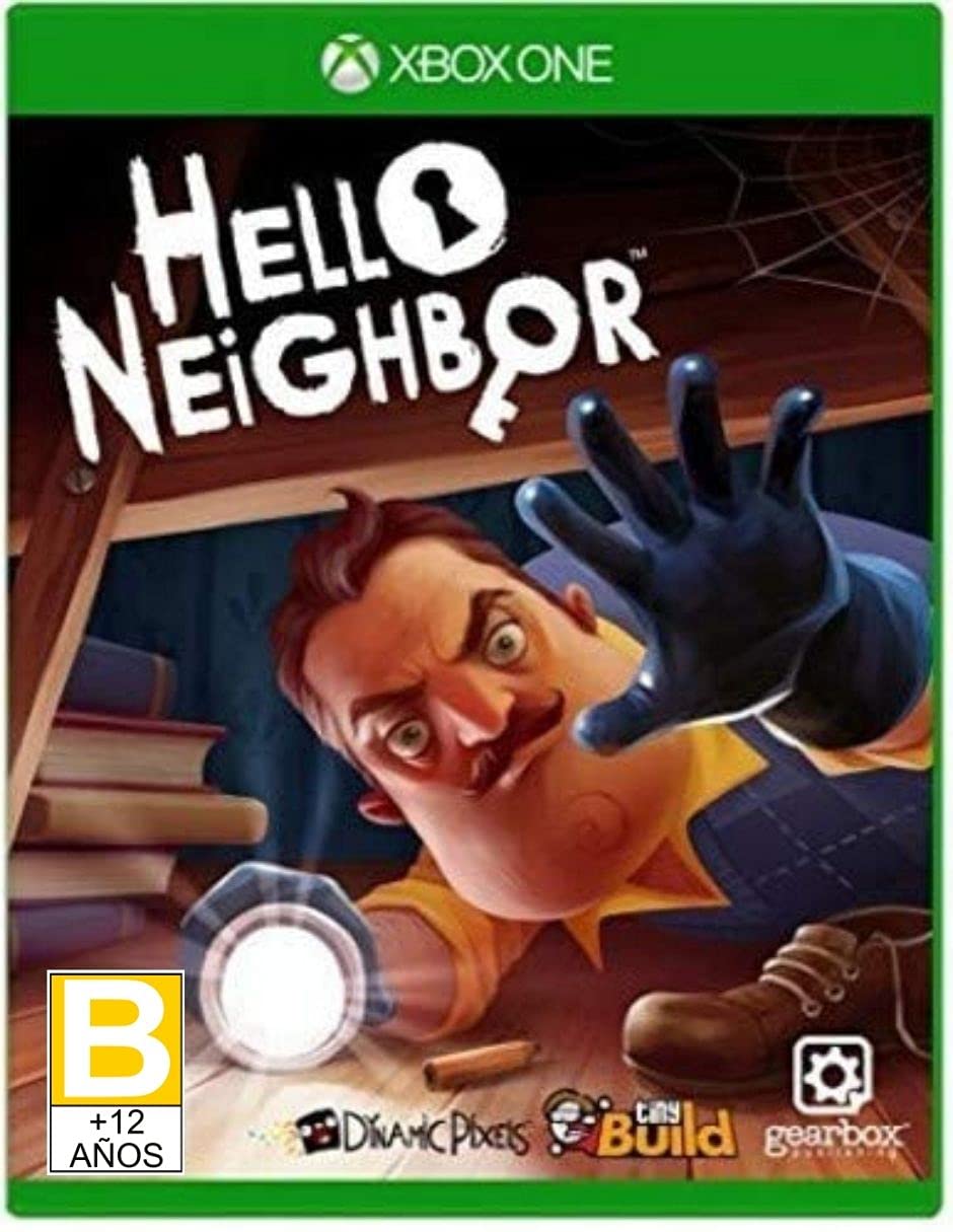 Hello Neighbor Xbox cover with suspicious mustached man and suburban house, stealth horror gameplay theme.
