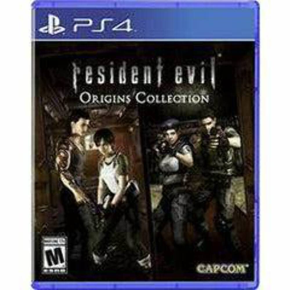 Resident Evil Origins Collection PS4 cover showing eerie hallway scene with main characters in survival horror setting.