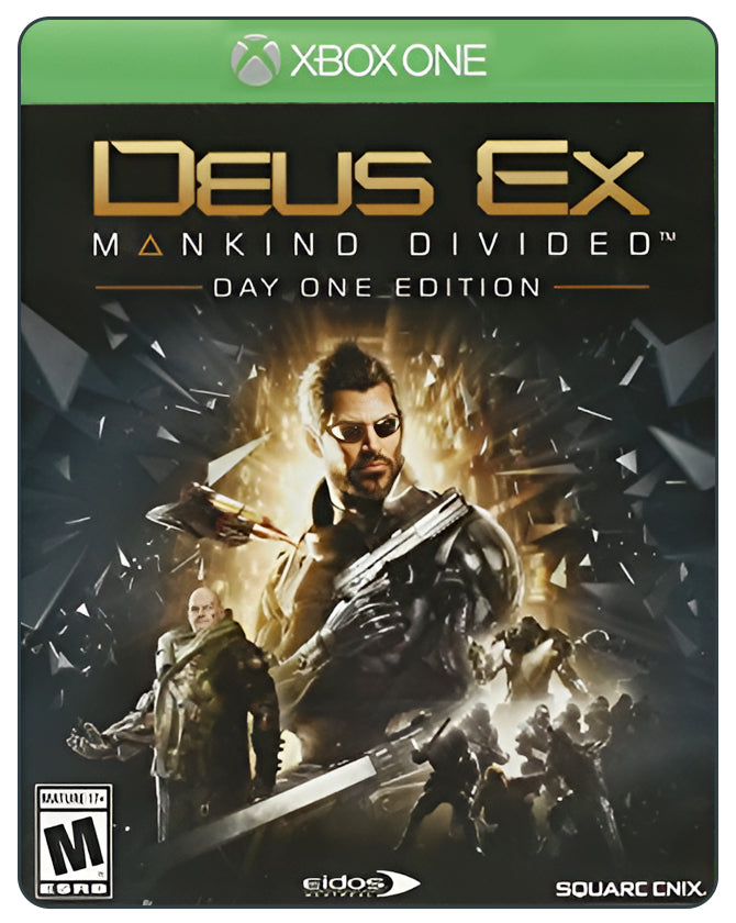 Deus Ex: Mankind Divided Launch Edition Xbox One cover featuring futuristic cyberpunk action and stealth gameplay
