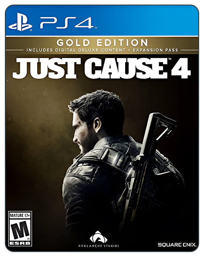 Just Cause 4 Gold Edition PS4 cover showing Rico Rodriguez with a grappling hook amid explosions and stormy action scenes.