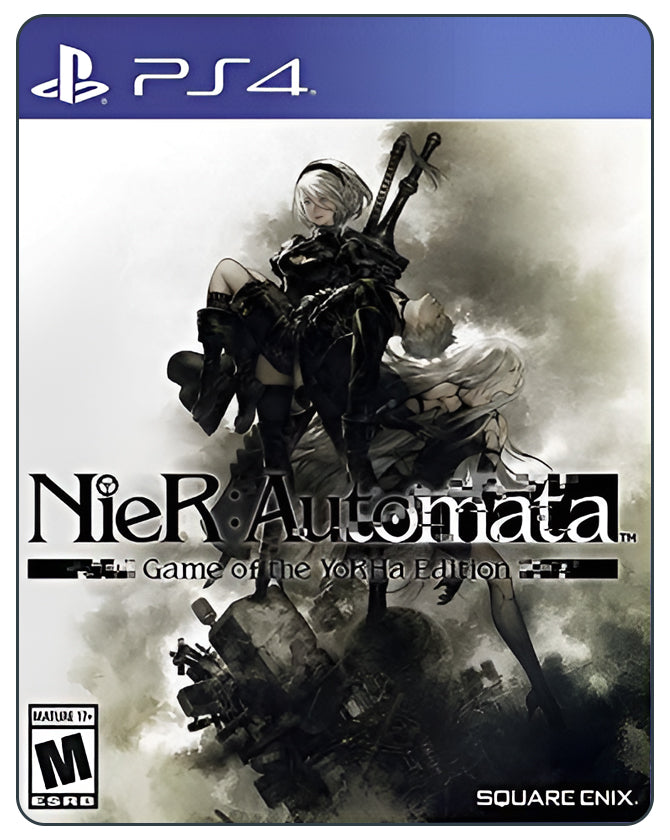 Nier: Automata Yorha Edition PS4 cover showing android warrior 2B with sword in a dystopian world filled with machines and ruins.