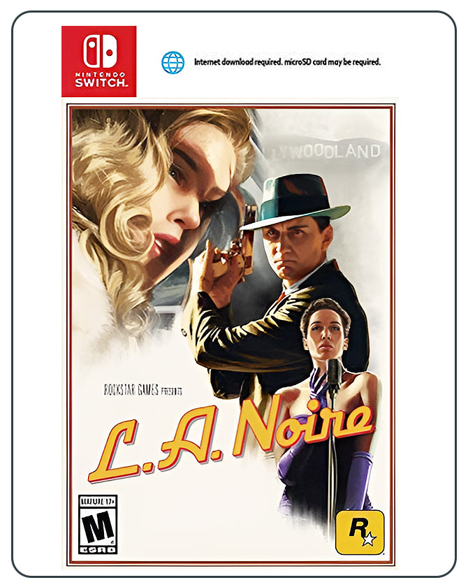 L.A. Noire Switch cover featuring a detective with a gun, set against a noir-style backdrop of 1940s Los Angeles crime scenes.