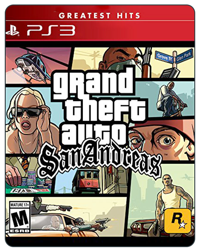 GTA San Andreas GH edition PS3 cover featuring classic open-world action, urban crime scenes, and iconic Rockstar art