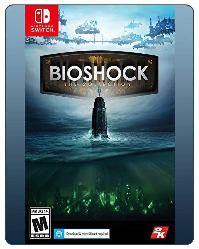 Bioshock: The Collection Switch cover showing cityscapes from Rapture and Columbia with dark atmospheric underwater themes.