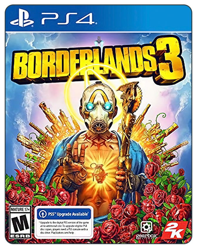 Borderlands 3 PS4 cover featuring Psycho with glowing eyes and golden guns in a chaotic, explosive comic-style world.