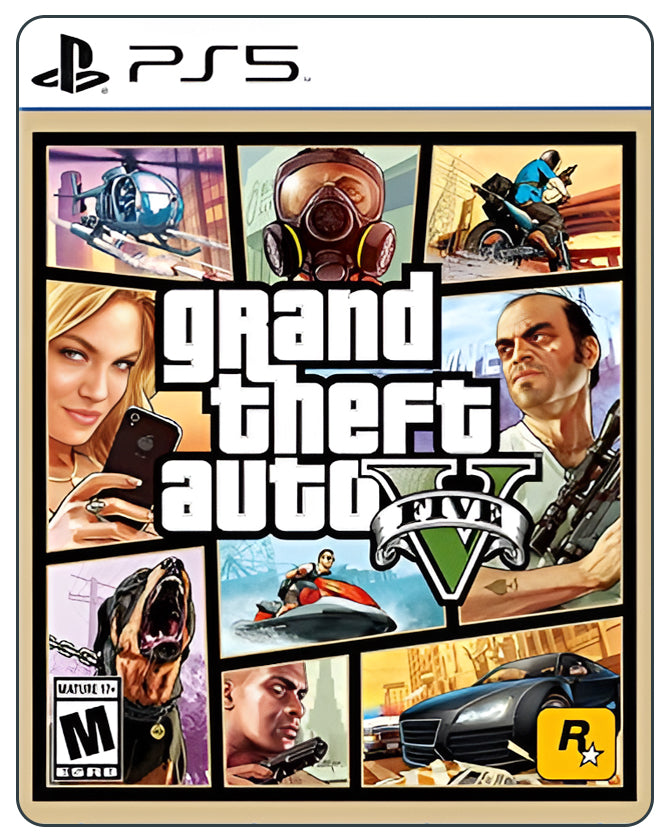 GTA V PS5 cover art featuring vibrant grid-style layout with characters, vehicles, and crime-filled Los Santos scenes.