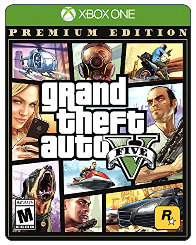 GTA V Premium Online Edition Xbox One cover with bold yellow background and art showing heists, cars, and main characters.