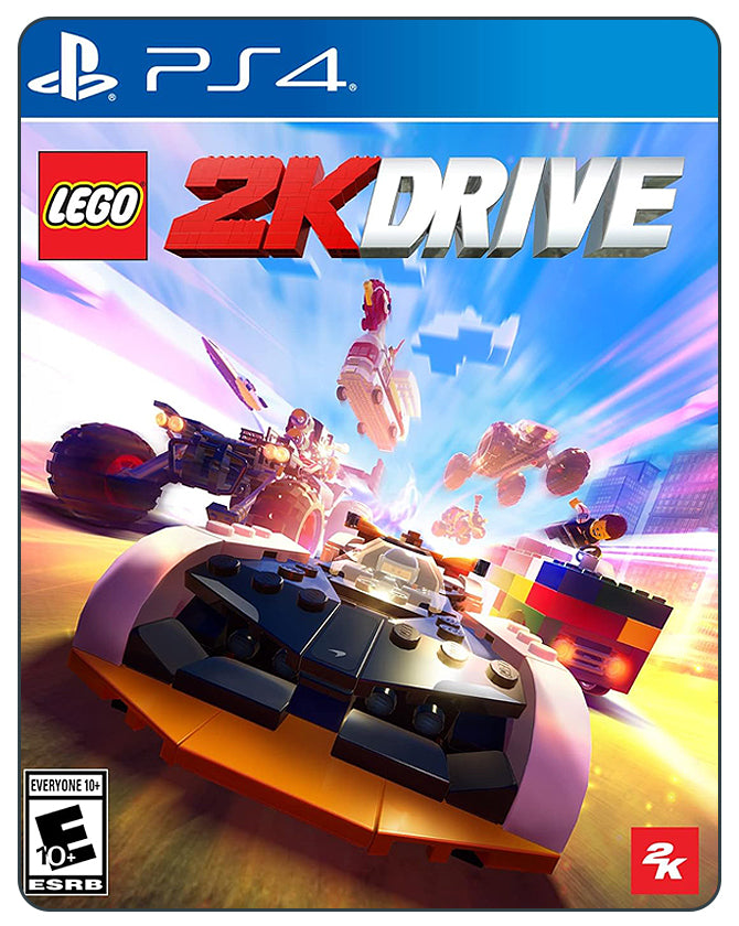 Lego 2K Drive PS4 cover showing customizable Lego cars racing through colorful environments filled with stunts and fun.