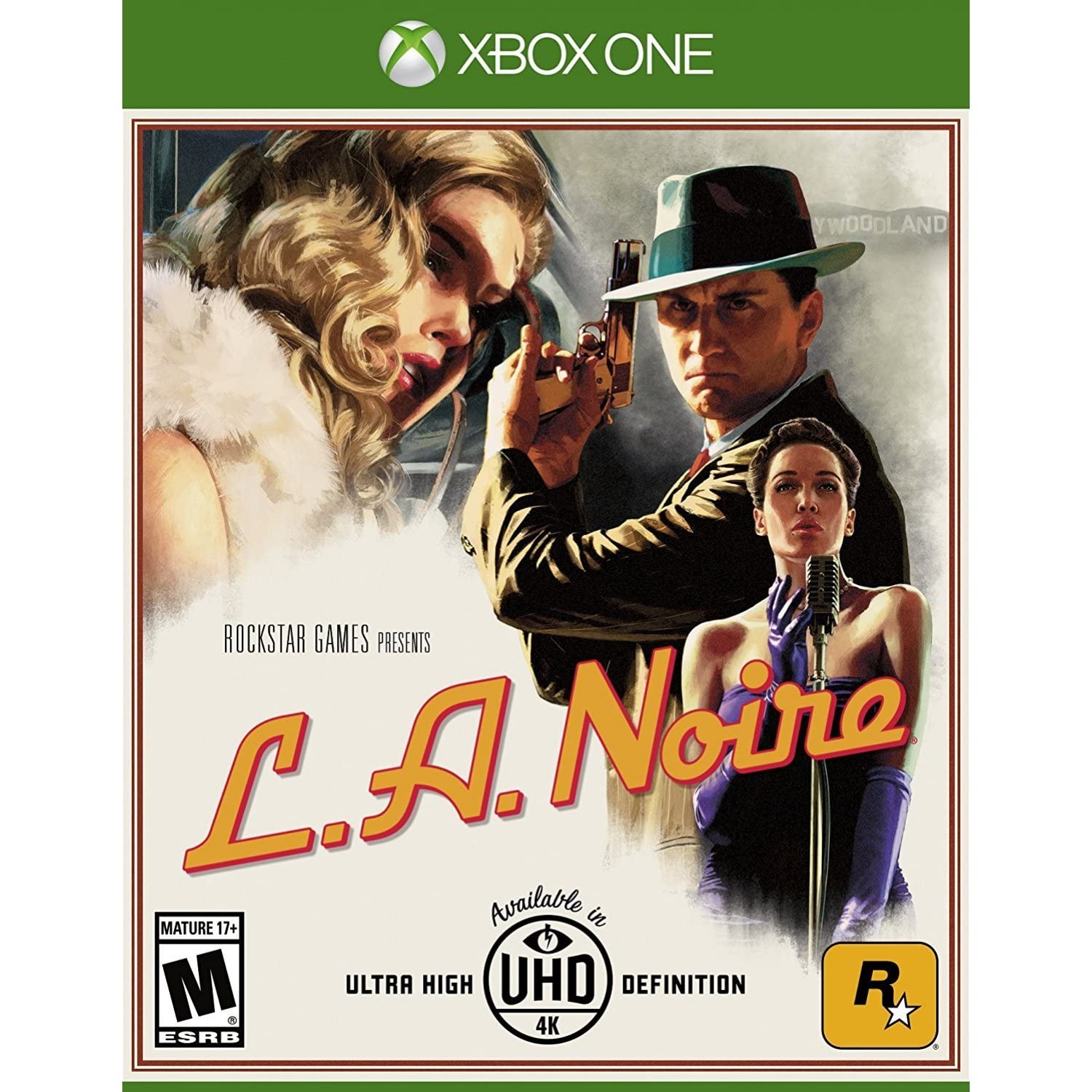 L.A. Noire Xbox One cover showing a detective in fedora aiming a gun, set against a noir backdrop of 1940s Los Angeles crime.
