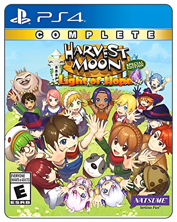 Harvest Moon Light of Hope Special Edition Complete PS4 cover featuring farming life, colorful villagers, and peaceful rural scenes.