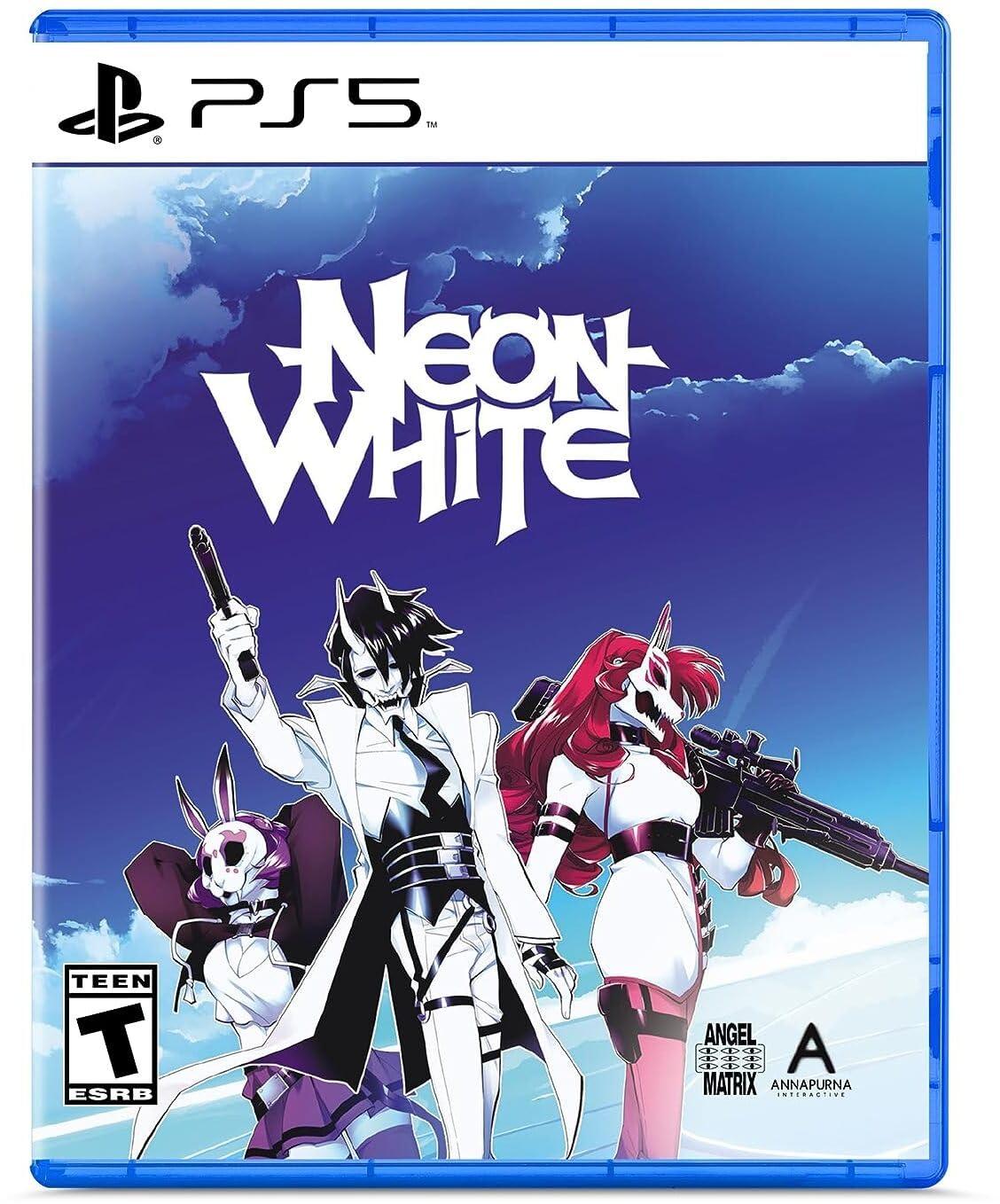 Neon White PS5 cover showing stylized anime characters in dynamic poses with a white and red ethereal background.