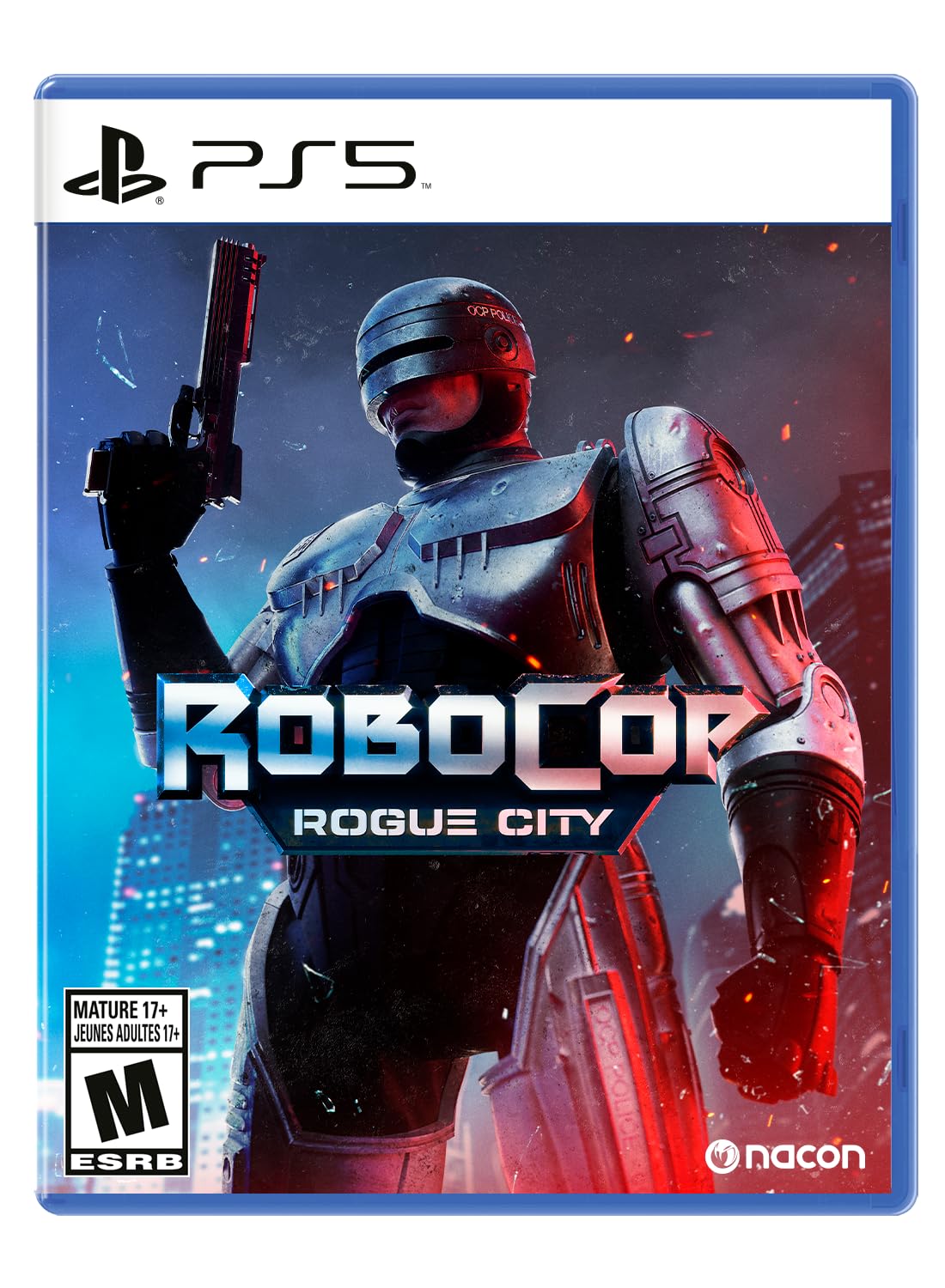 RoboCop: Rogue City PS5 cover showing RoboCop standing with gun drawn in a dystopian city, ready for action and justice.