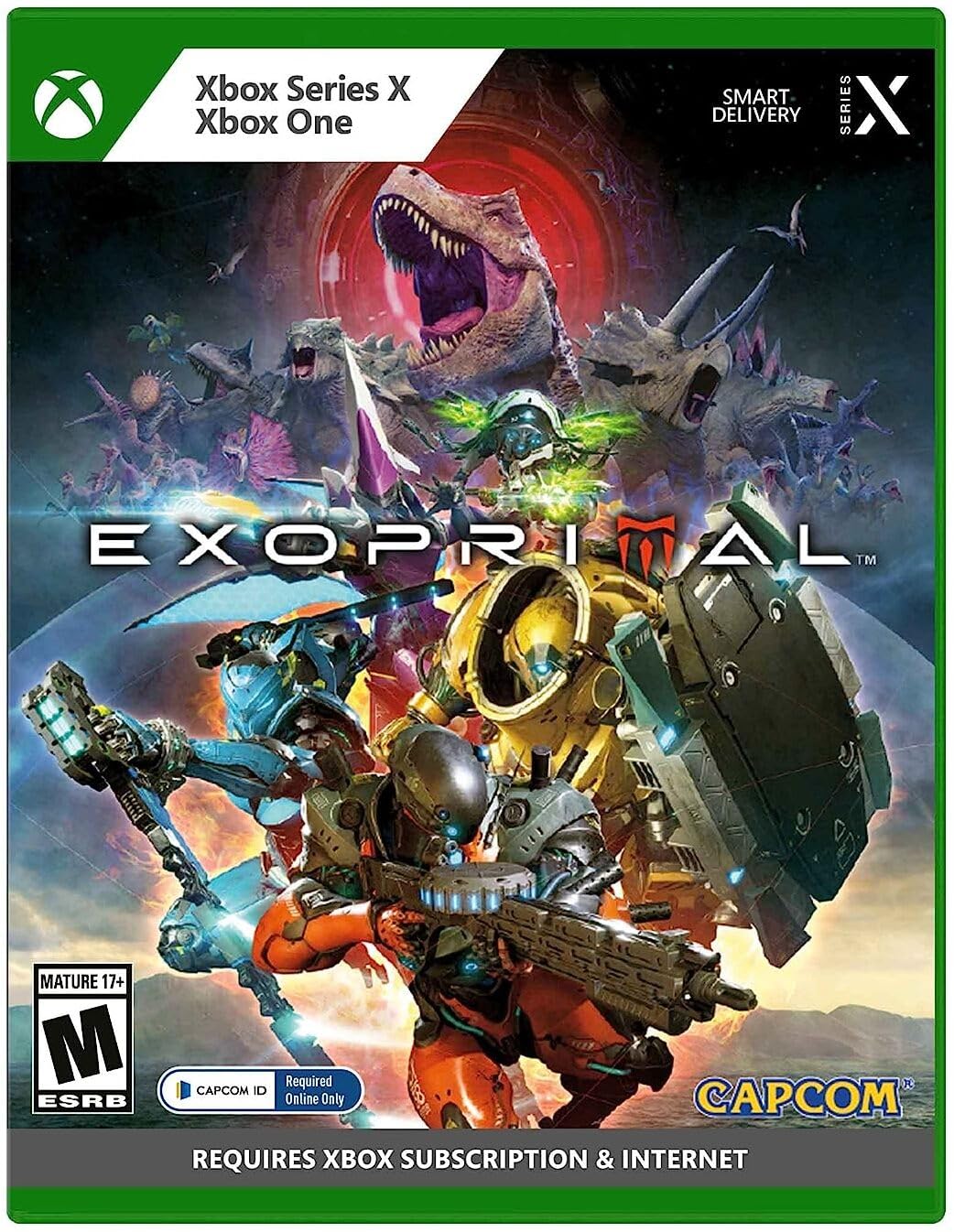 Exoprimal Xbox Series X cover showing armored exosuit soldiers battling a swarm of dinosaurs in a futuristic city setting.