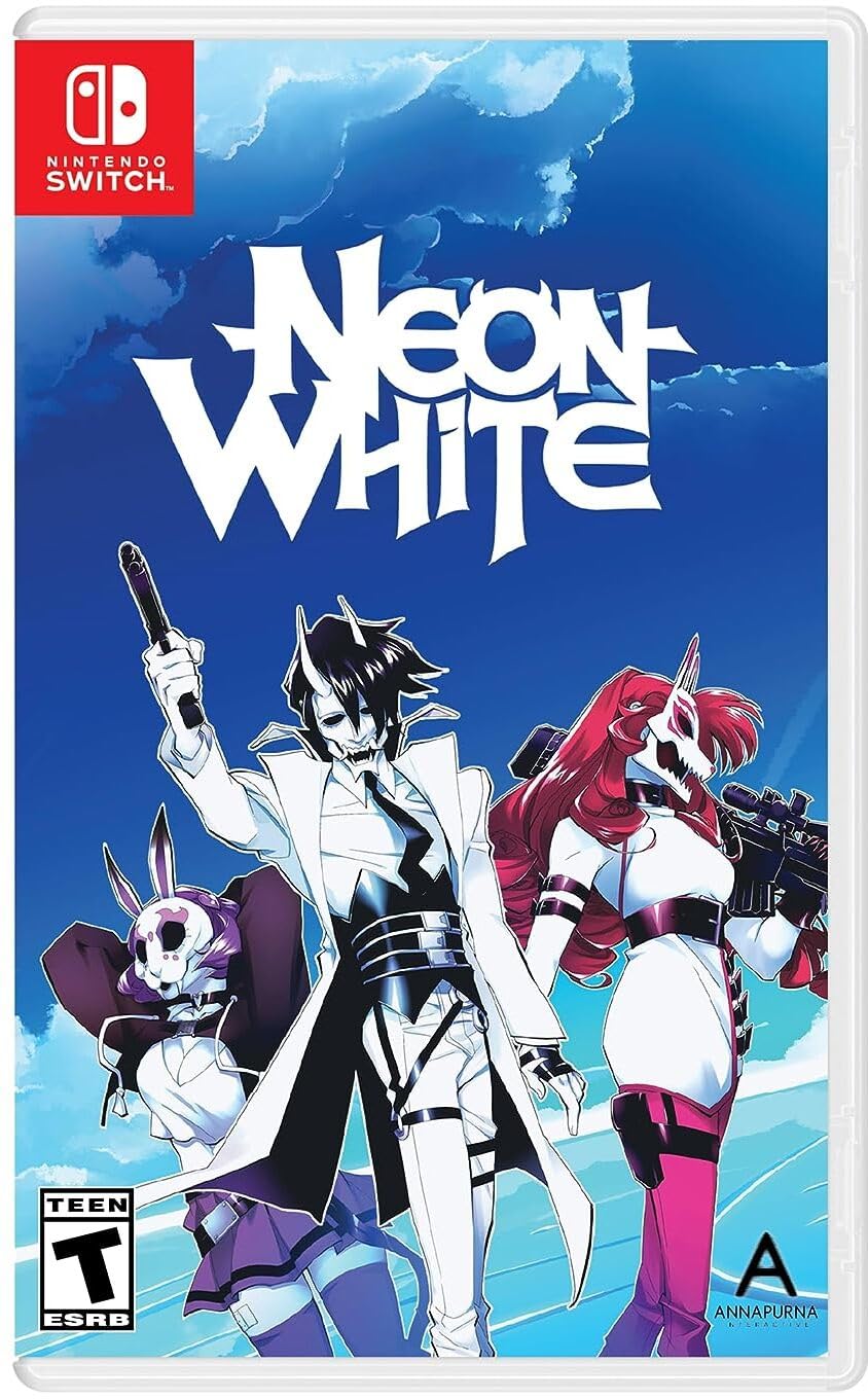 Neon White Switch cover showing anime-style assassin in white mask with vibrant action-packed neon city background.