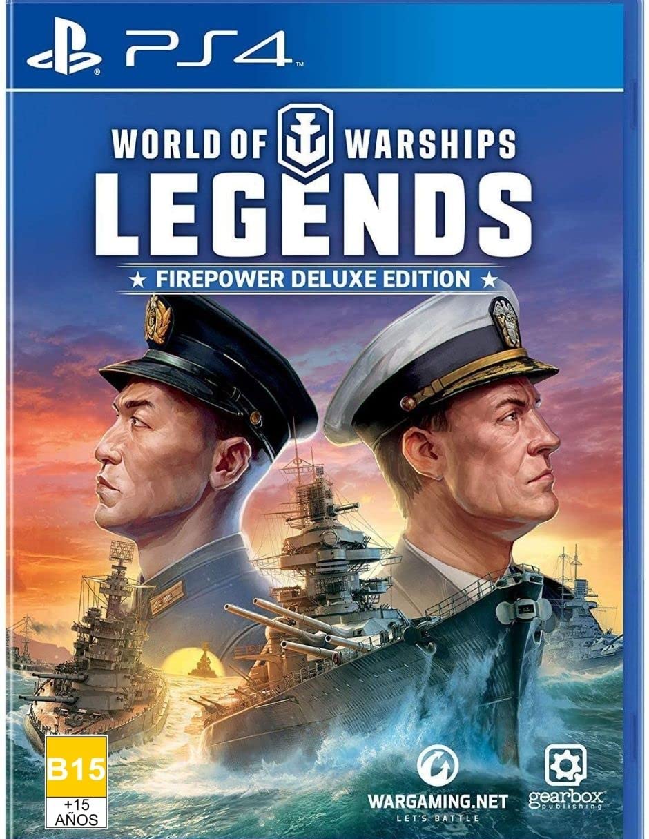 World of Warships Legends PS4 cover showing battleships in naval warfare with blazing firepower and ocean combat visuals.