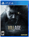 Resident Evil Village PS4 cover showing protagonist Ethan with a haunting werewolf face and chilling gothic background.