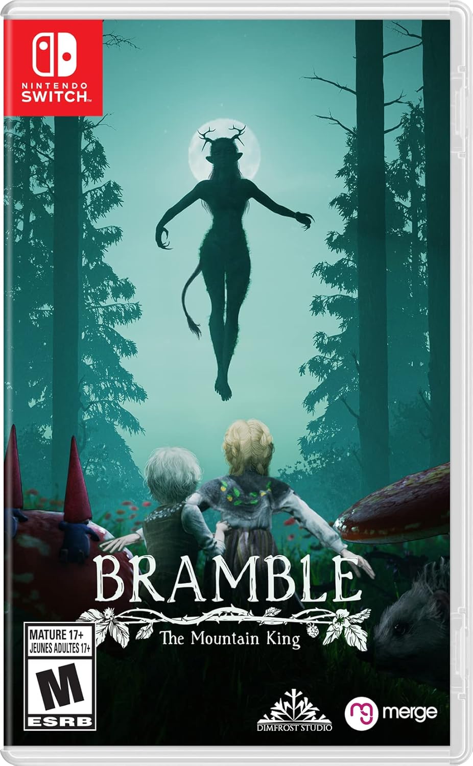 Bramble: The Mountain King Switch cover with a boy running from Nordic monsters through eerie forests and dark fairytales.