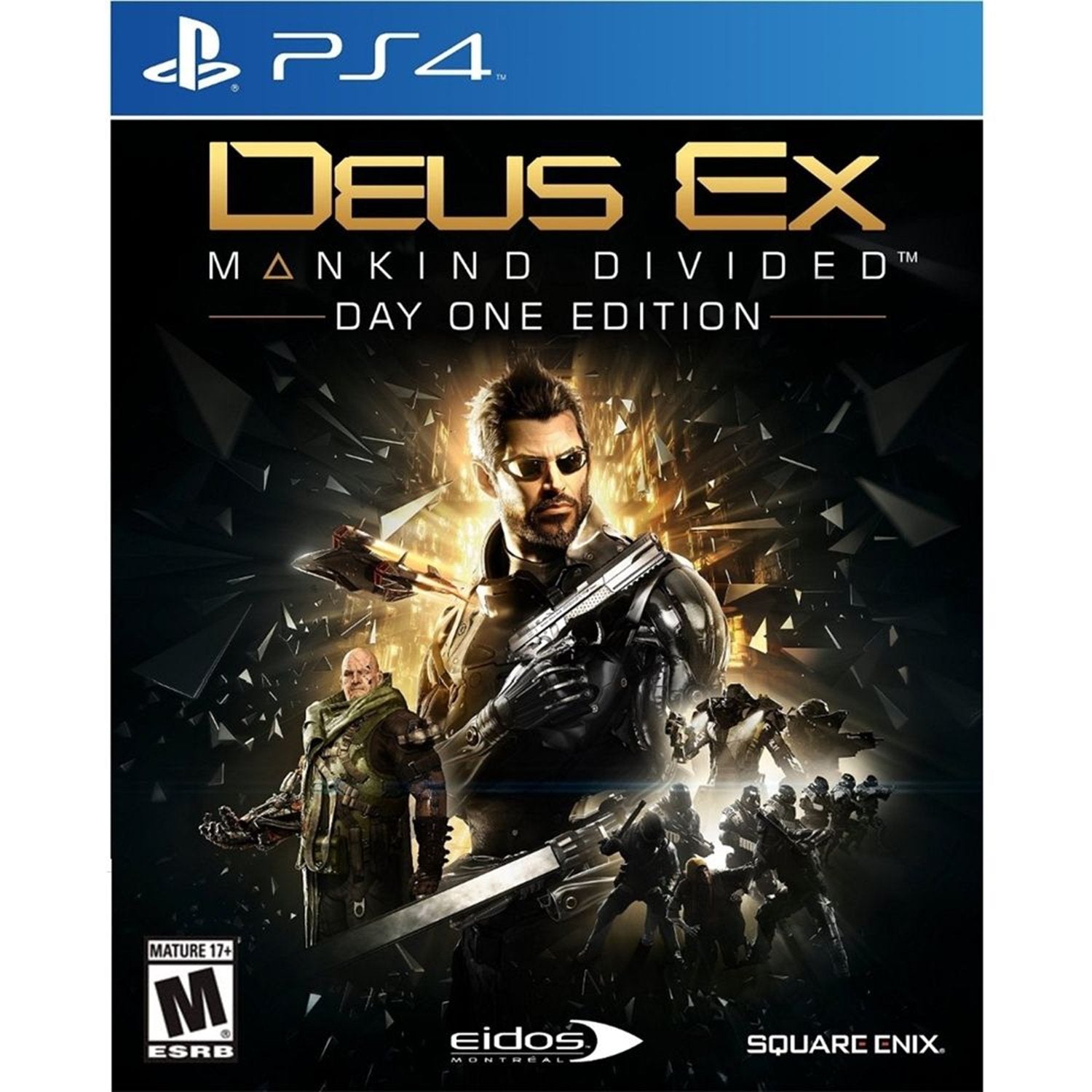 Deus Ex: Mankind Divided PS4 cover showing Adam Jensen in a cyberpunk world with futuristic weapons and mechanical limbs.