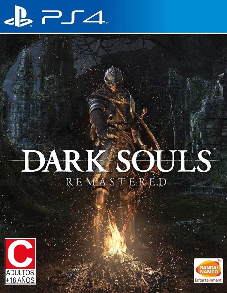 Dark Souls Remastered PS4 cover showing a lone armored warrior holding a sword before a bonfire in a dark fantasy world.