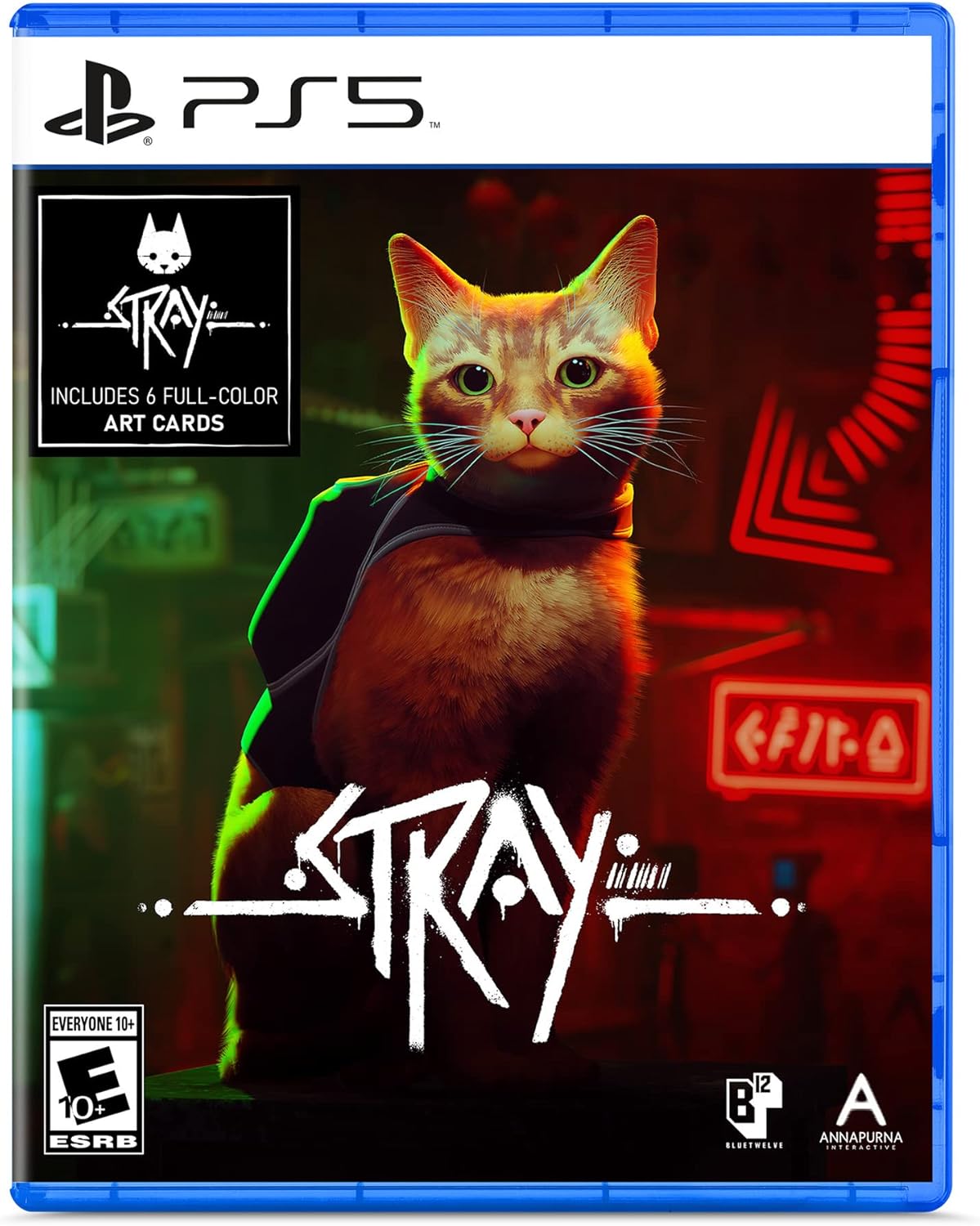 Stray PS5 cover featuring an orange cat wearing a backpack in a neon-lit city, highlighting adventure in a cyberpunk world.