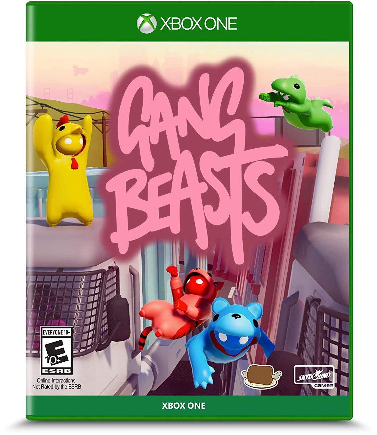 Gang Beasts Xbox One cover featuring colorful, jelly-like characters fighting in wacky multiplayer melee environments.
