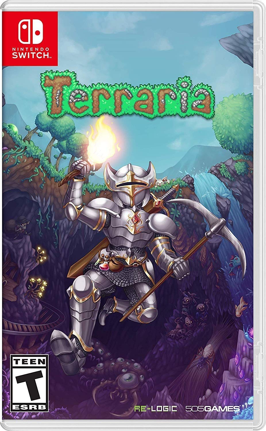 Terraria Switch cover showing pixel-art characters exploring underground caverns and building in an open sandbox world.