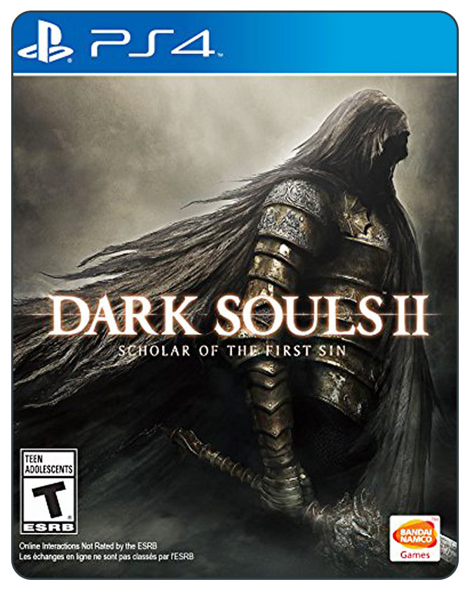 Dark Souls II: Scholar of the First Sin PS4 cover with a lone knight in dark armor, ready for punishing fantasy combat.
